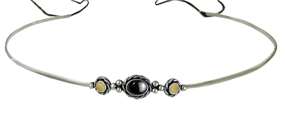 Sterling Silver Renaissance Style Exquisite Headpiece Circlet Tiara With Hematite And Yellow Jade